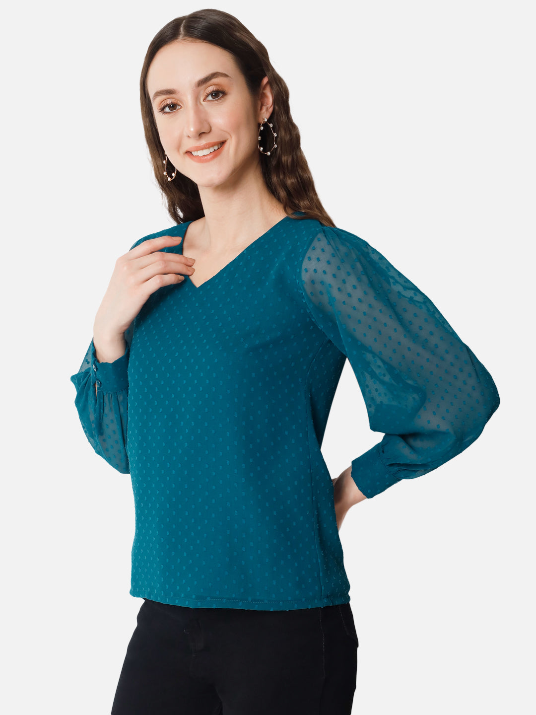 Teal Blue Swiss Dot V-Neck Top for Women