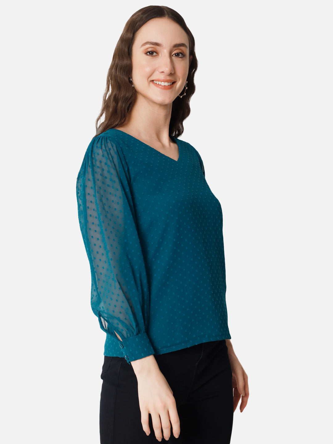 Teal Blue Swiss Dot V-Neck Top for Women