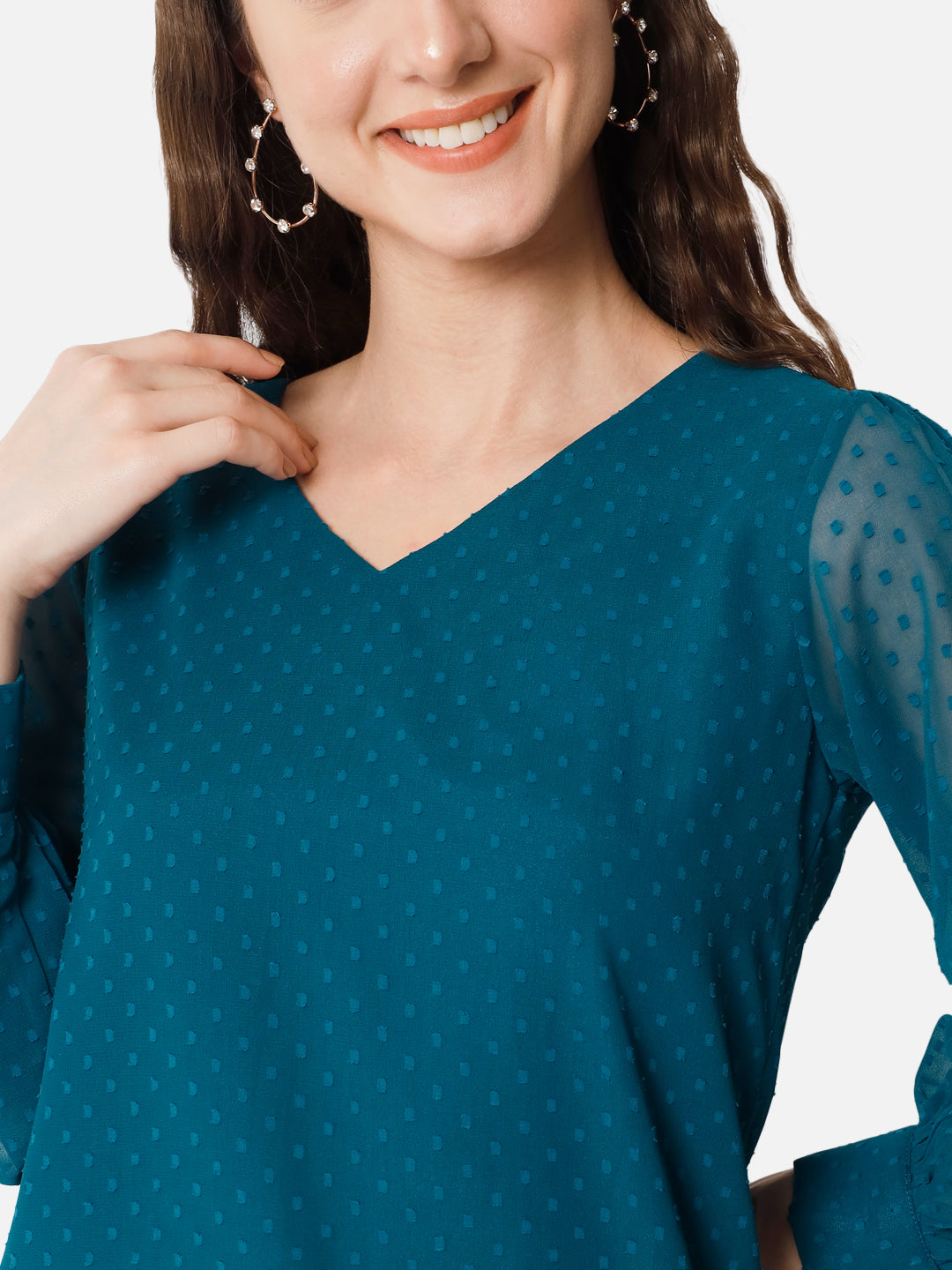 Teal Blue Swiss Dot V-Neck Top for Women