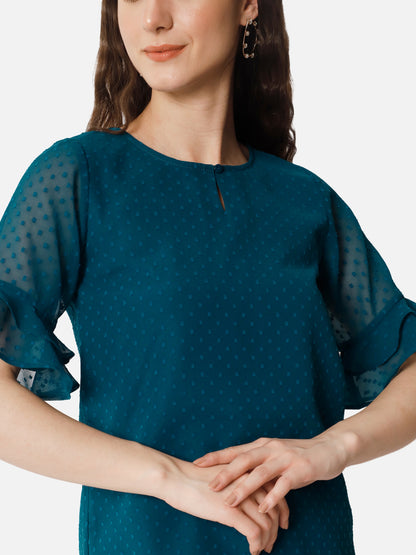 Teal Blue Swiss Dot Keyhole Neck Top for Women