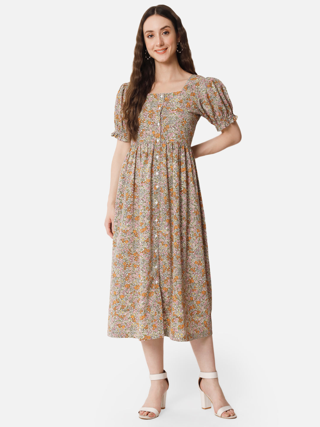 Beige Floral Half Sleeve Dress for Women