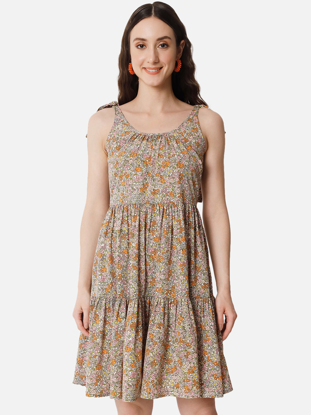 Beige Floral Sleeveless Skater Dress for Women