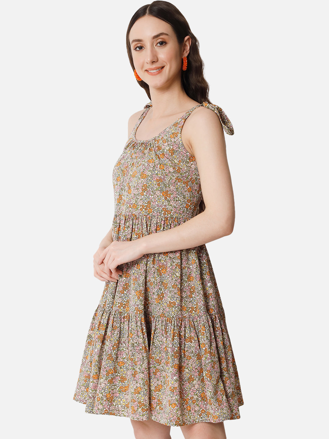Beige Floral Sleeveless Skater Dress for Women
