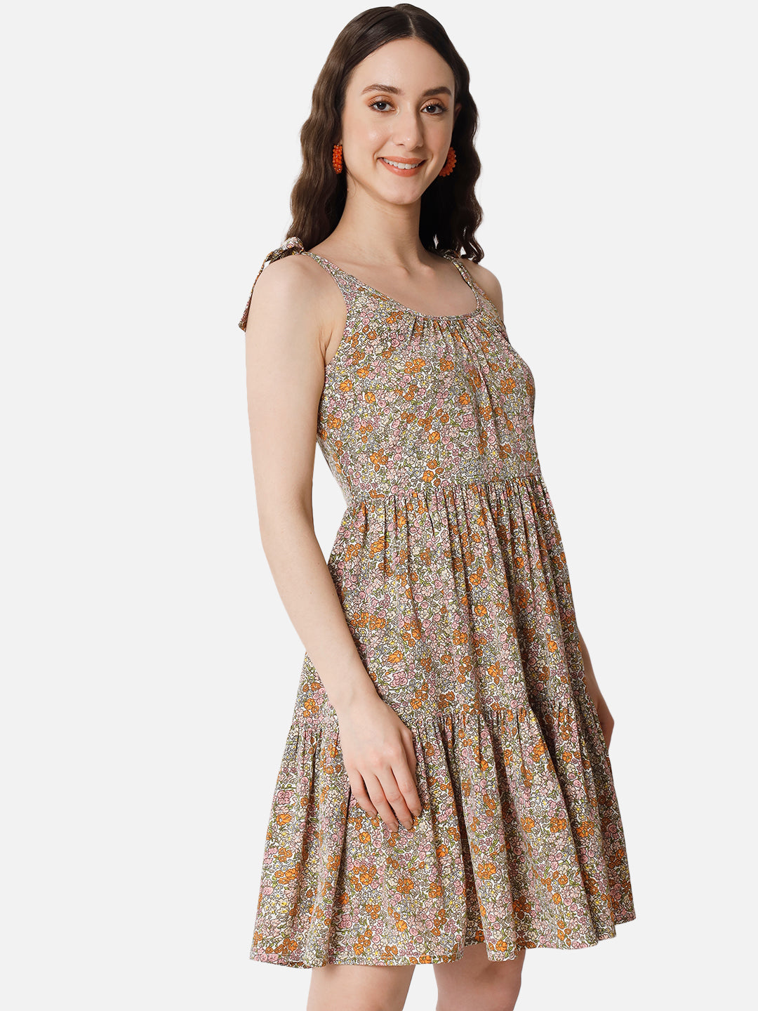 Beige Floral Sleeveless Skater Dress for Women