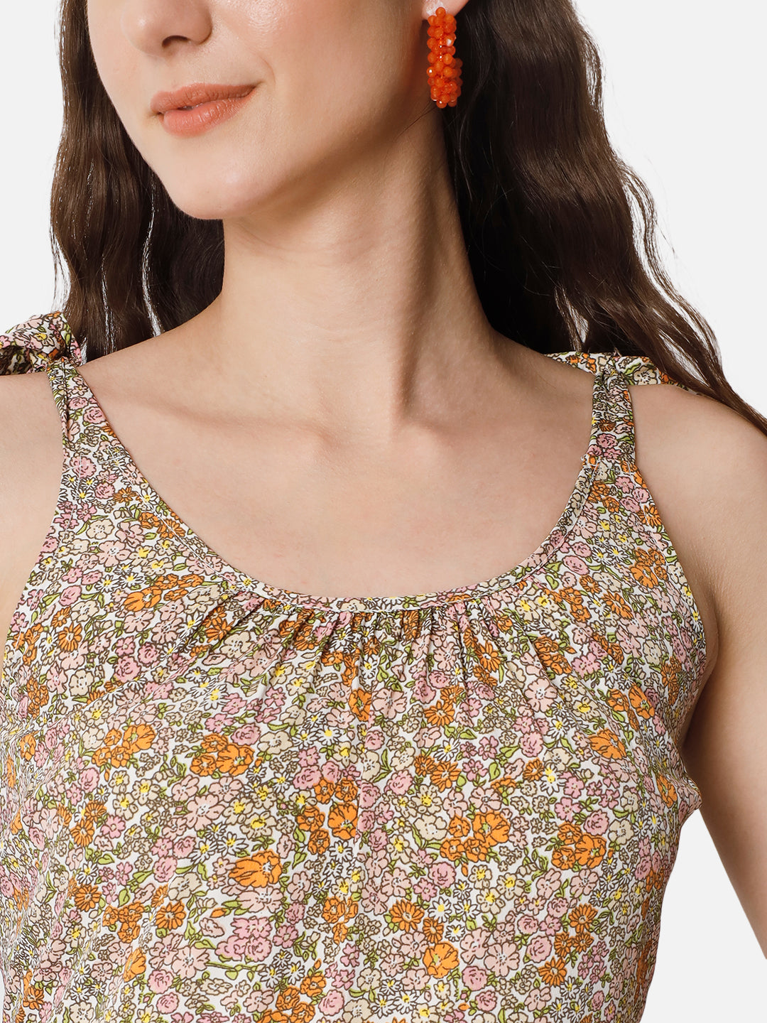 Beige Floral Sleeveless Skater Dress for Women