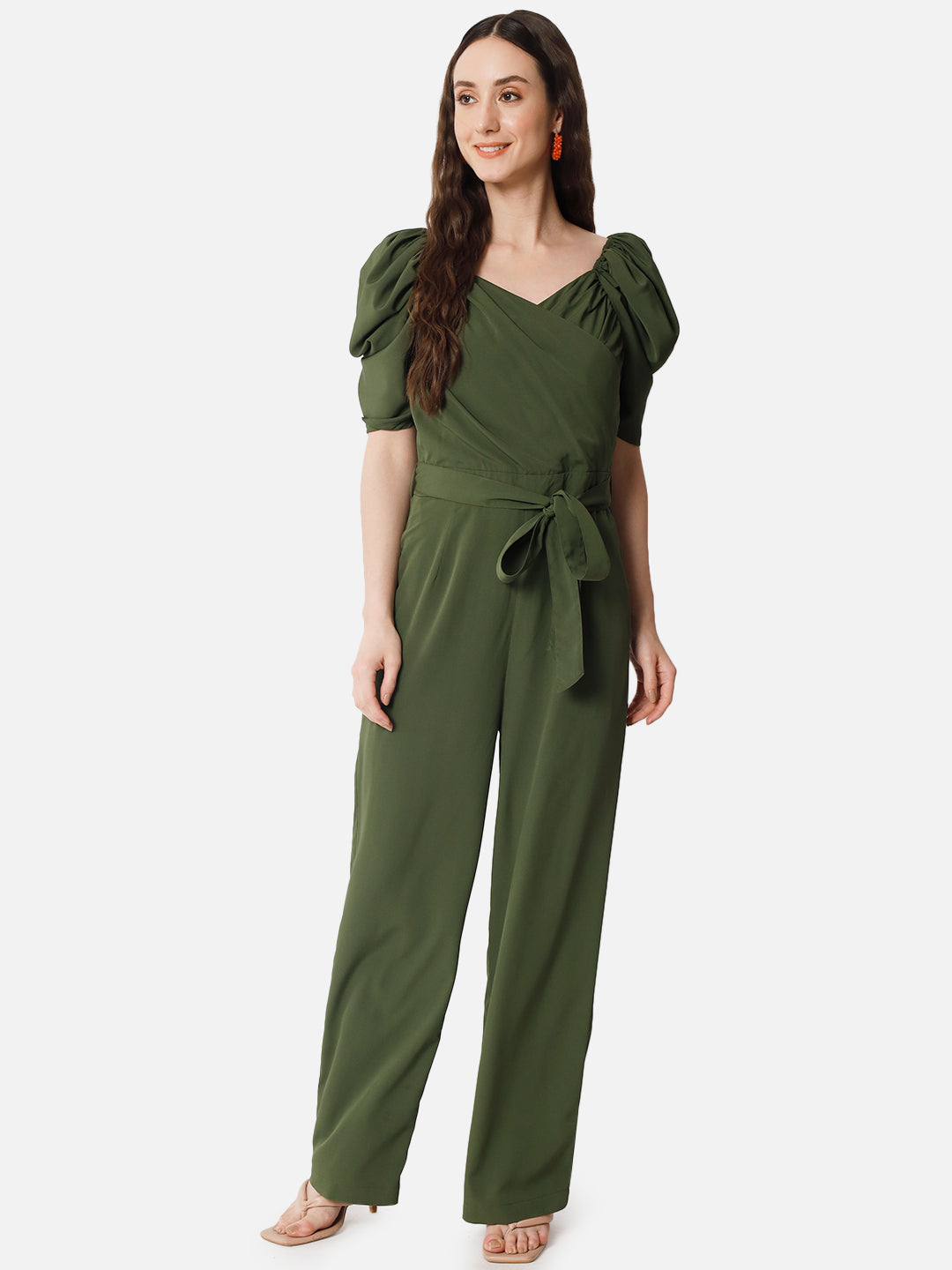 Olive Solid Half Sleeve Jumpsuit for Women