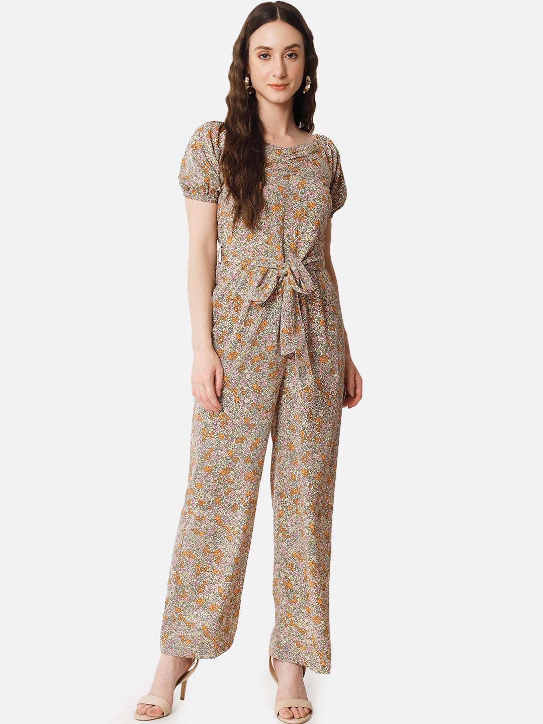 Floral Brown Half Sleeve Jumpsuit for Women