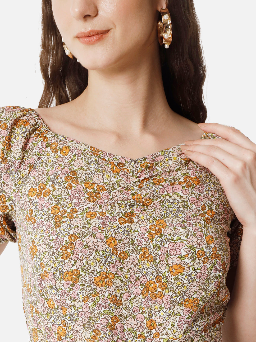 Floral Brown Half Sleeve Jumpsuit for Women