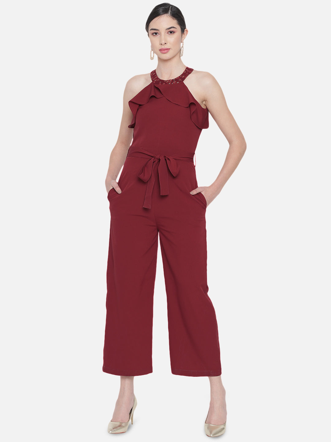 Solid Maroon Sleeveless Jumpsuit for Women