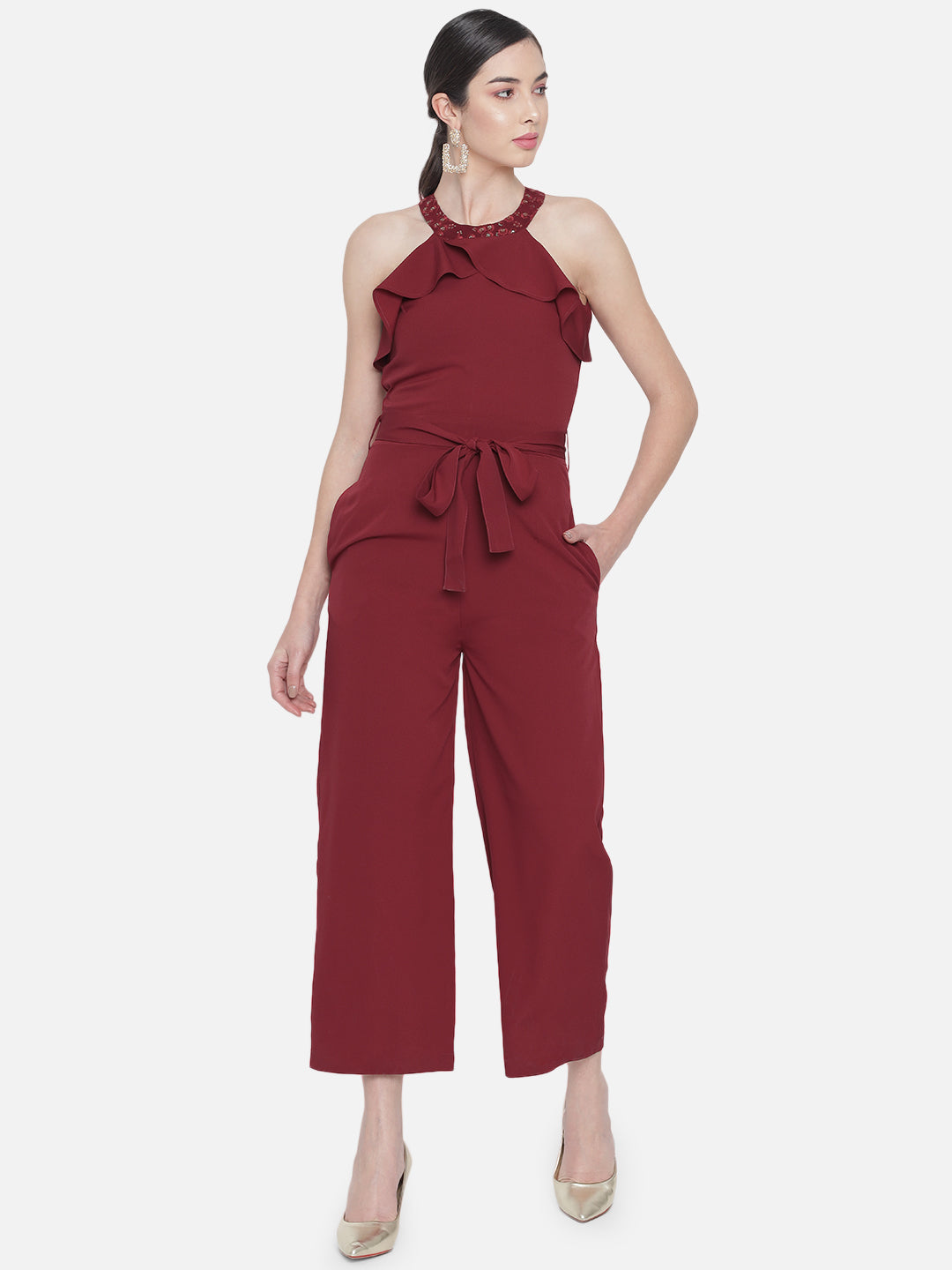 Solid Maroon Sleeveless Jumpsuit for Women