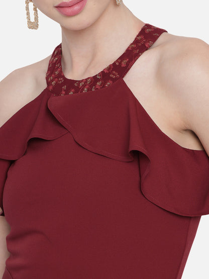 Solid Maroon Sleeveless Jumpsuit for Women