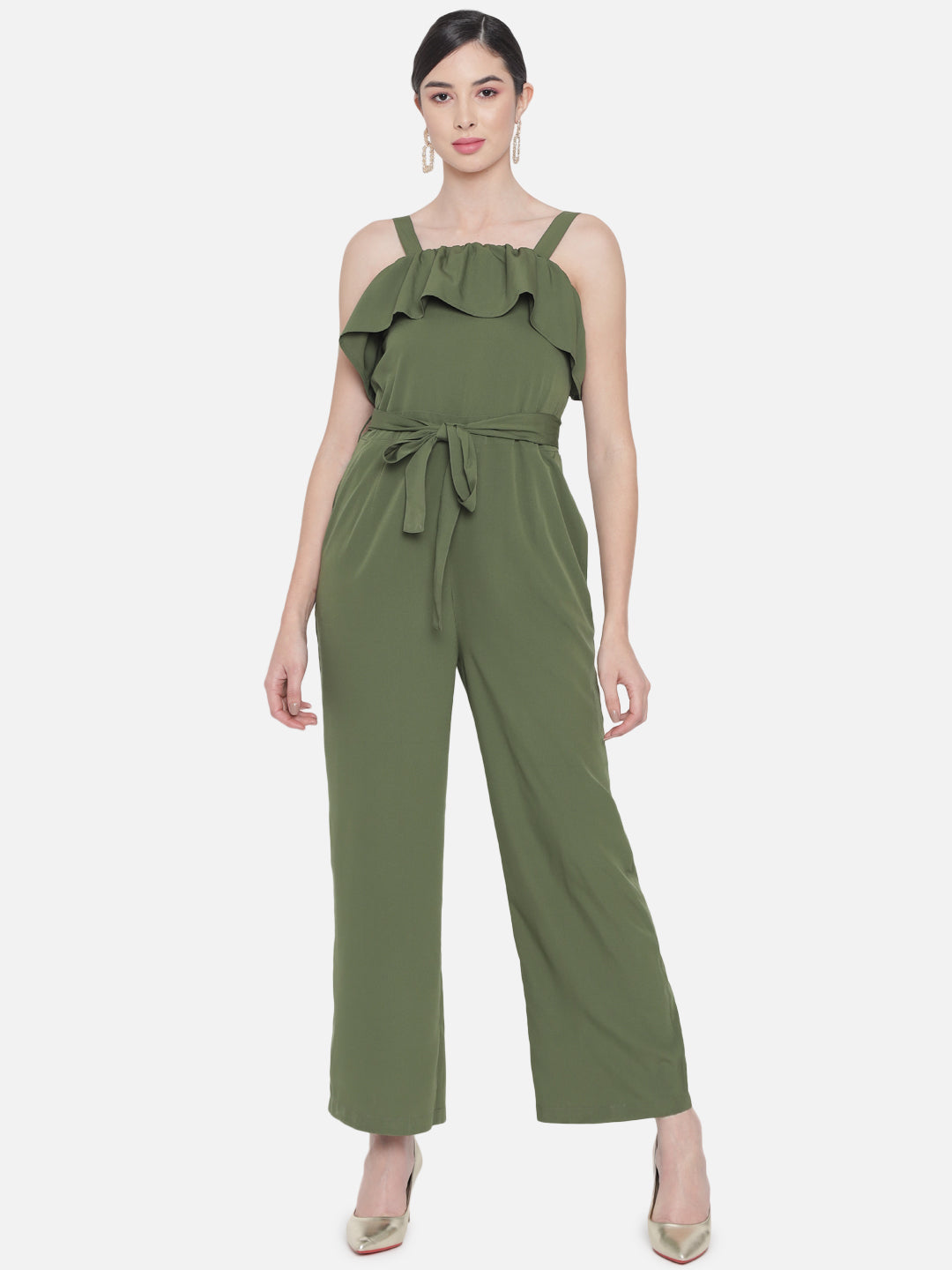 Solid Green Sleeveless Jumpsuit for Women