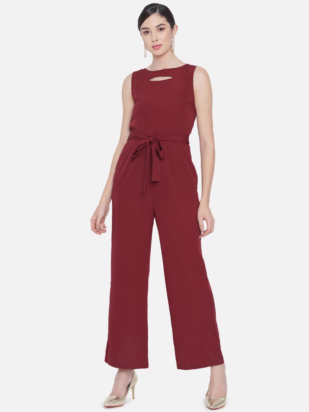 Solid Maroon Sleeveless Jumpsuit for Women