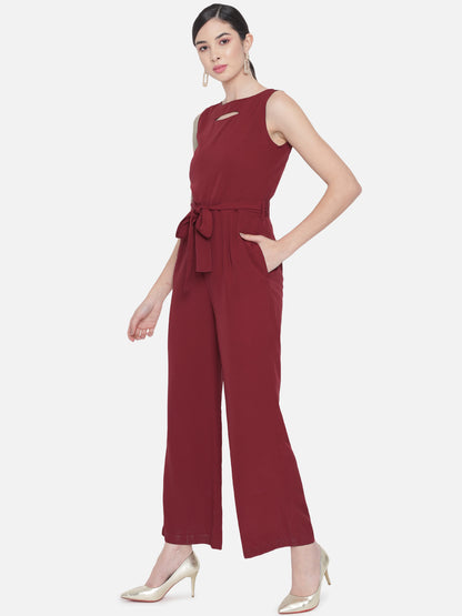 Solid Maroon Sleeveless Jumpsuit for Women