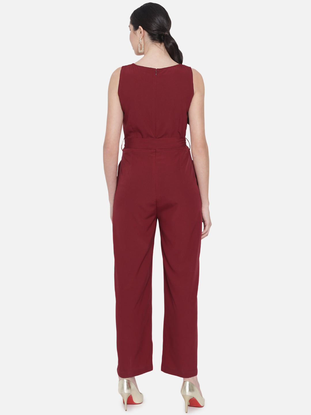 Solid Maroon Sleeveless Jumpsuit for Women