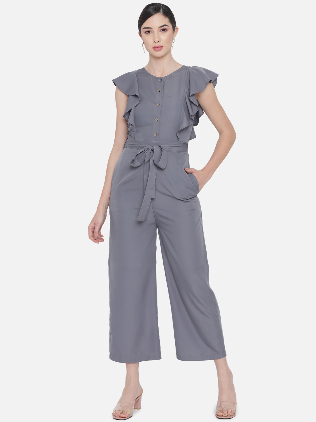 Solid Grey Sleeveless Jumpsuit for Women