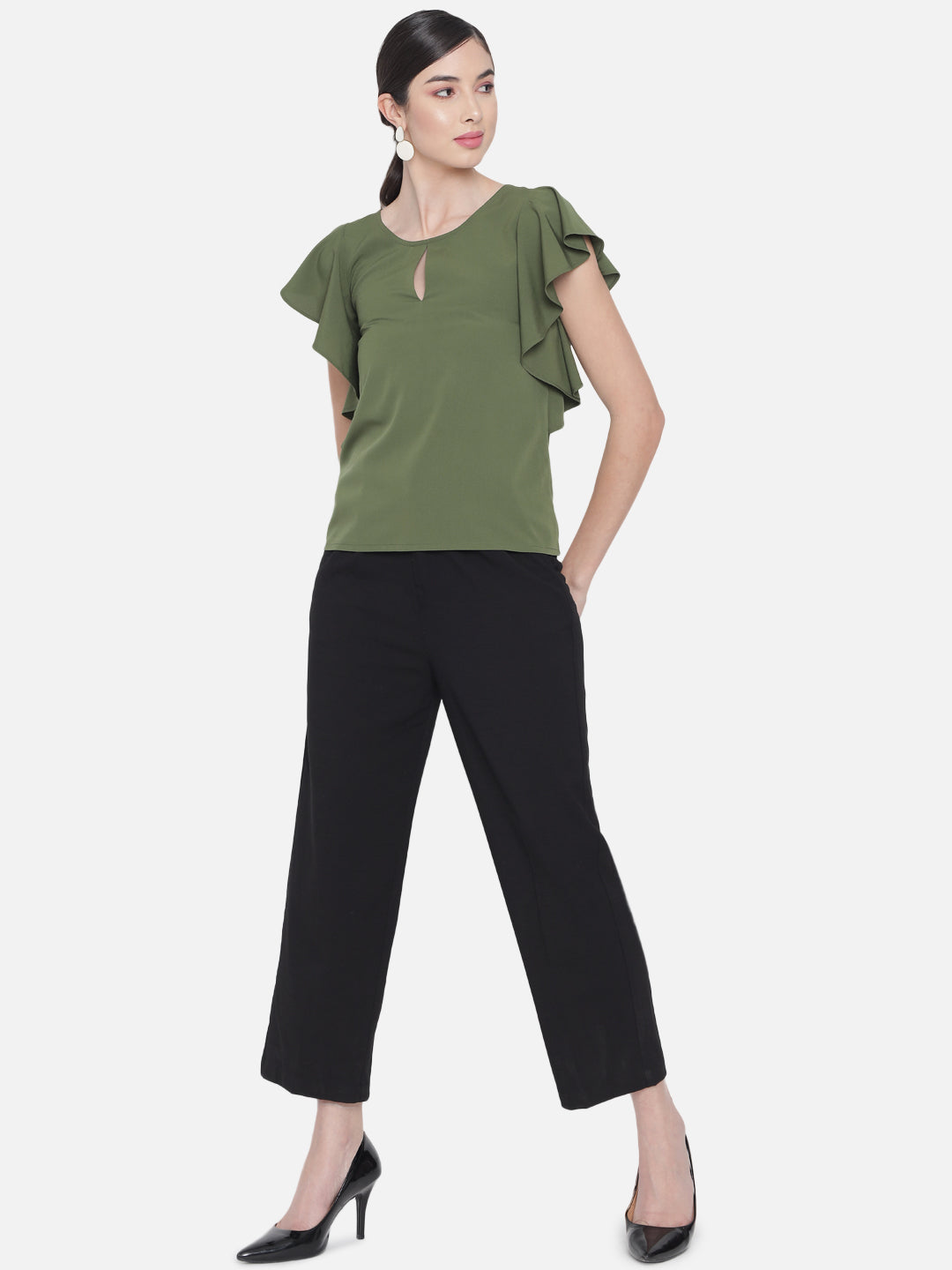 Olive Green Solid Round Neck Top for Women