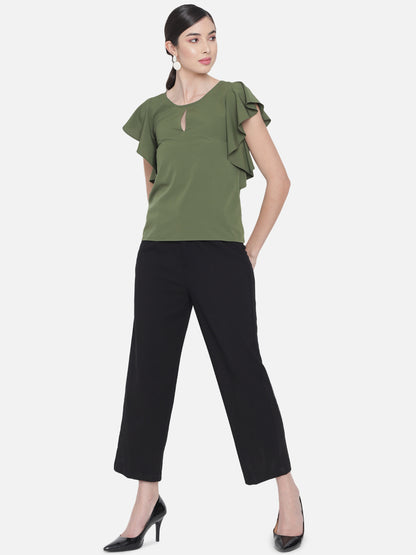Olive Green Solid Round Neck Top for Women