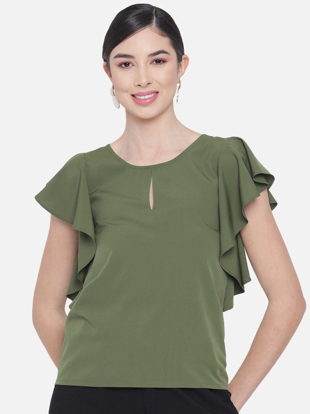 Olive Green Solid Round Neck Top for Women