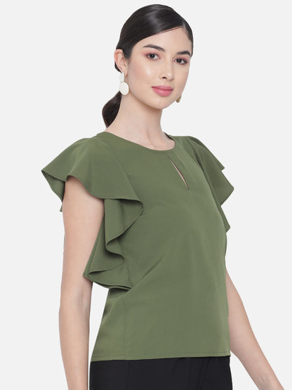 Olive Green Solid Round Neck Top for Women