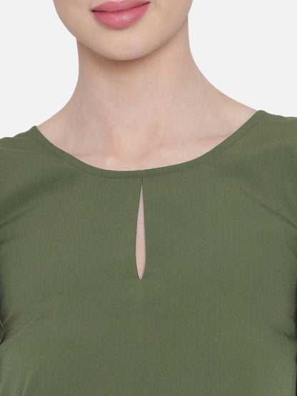 Olive Green Solid Round Neck Top for Women