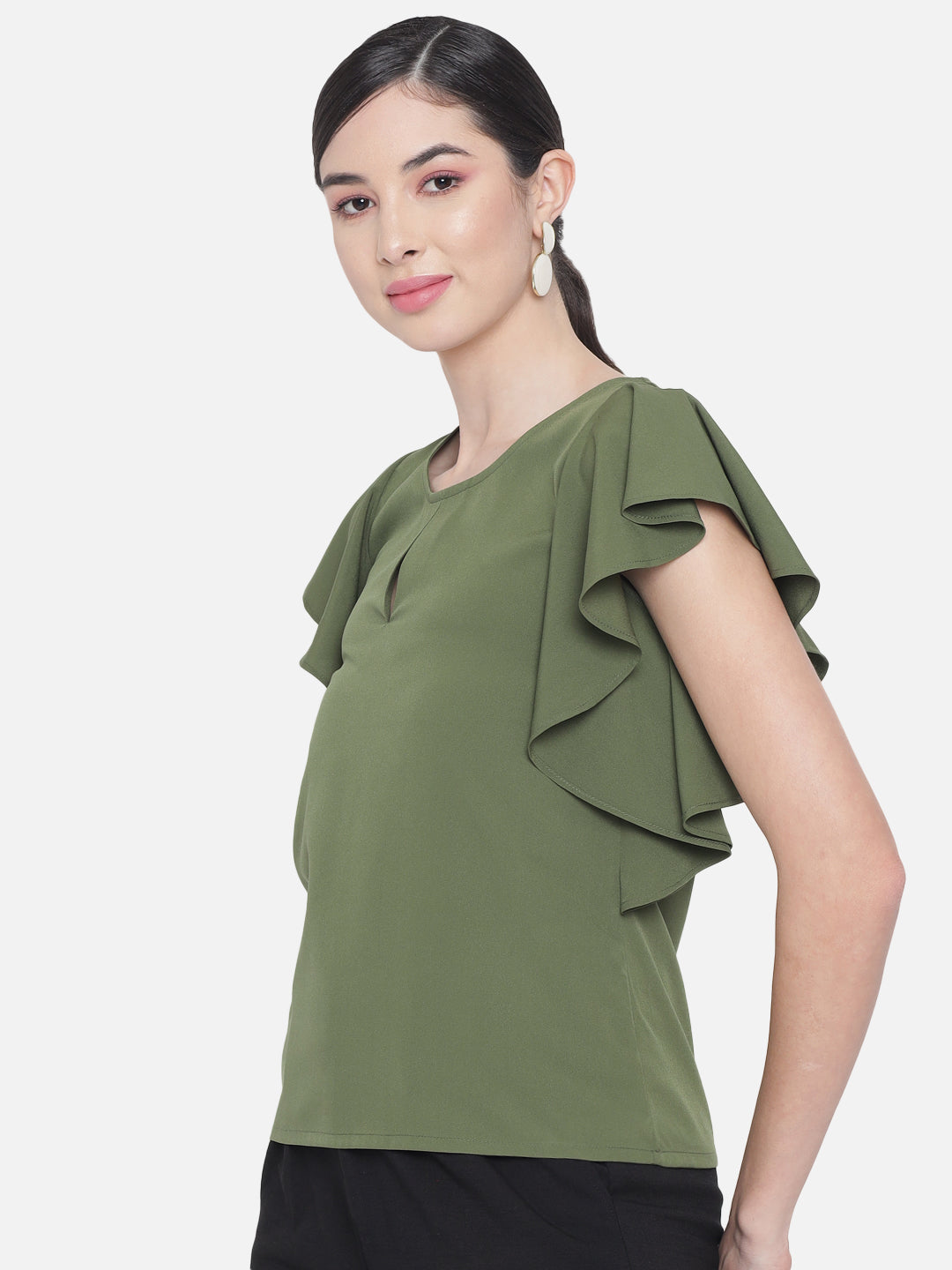 Olive Green Solid Round Neck Top for Women