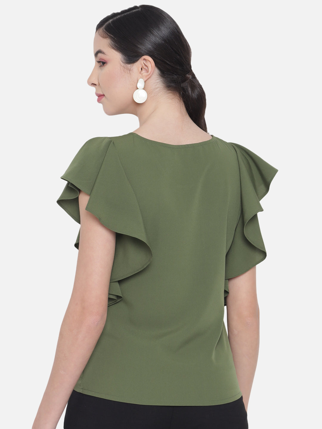Olive Green Solid Round Neck Top for Women
