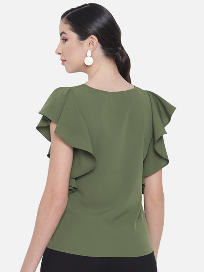 Olive Green Solid Round Neck Top for Women