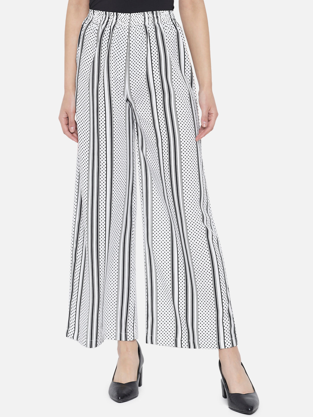 White Polka Dot Regular Fit Straight Palazzo for Women