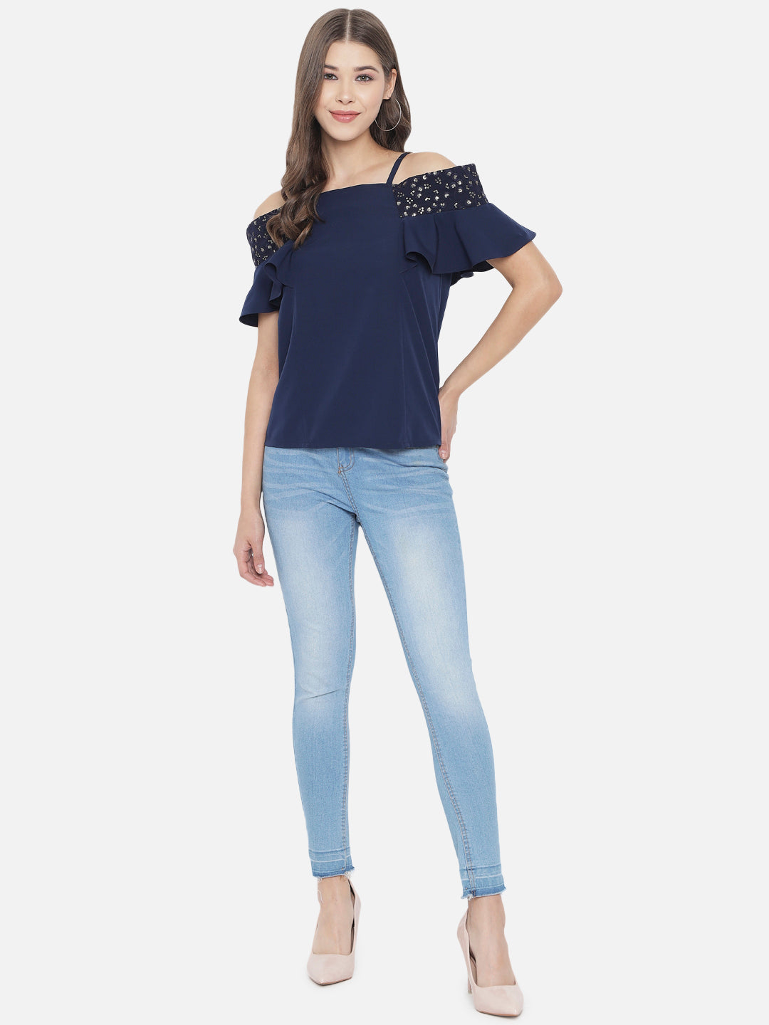 Solid Half Sleeves Cold Shoulder Top for Women