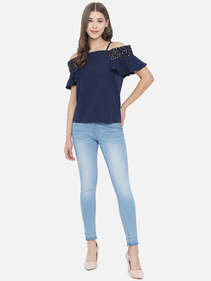 Solid Half Sleeves Cold Shoulder Top for Women
