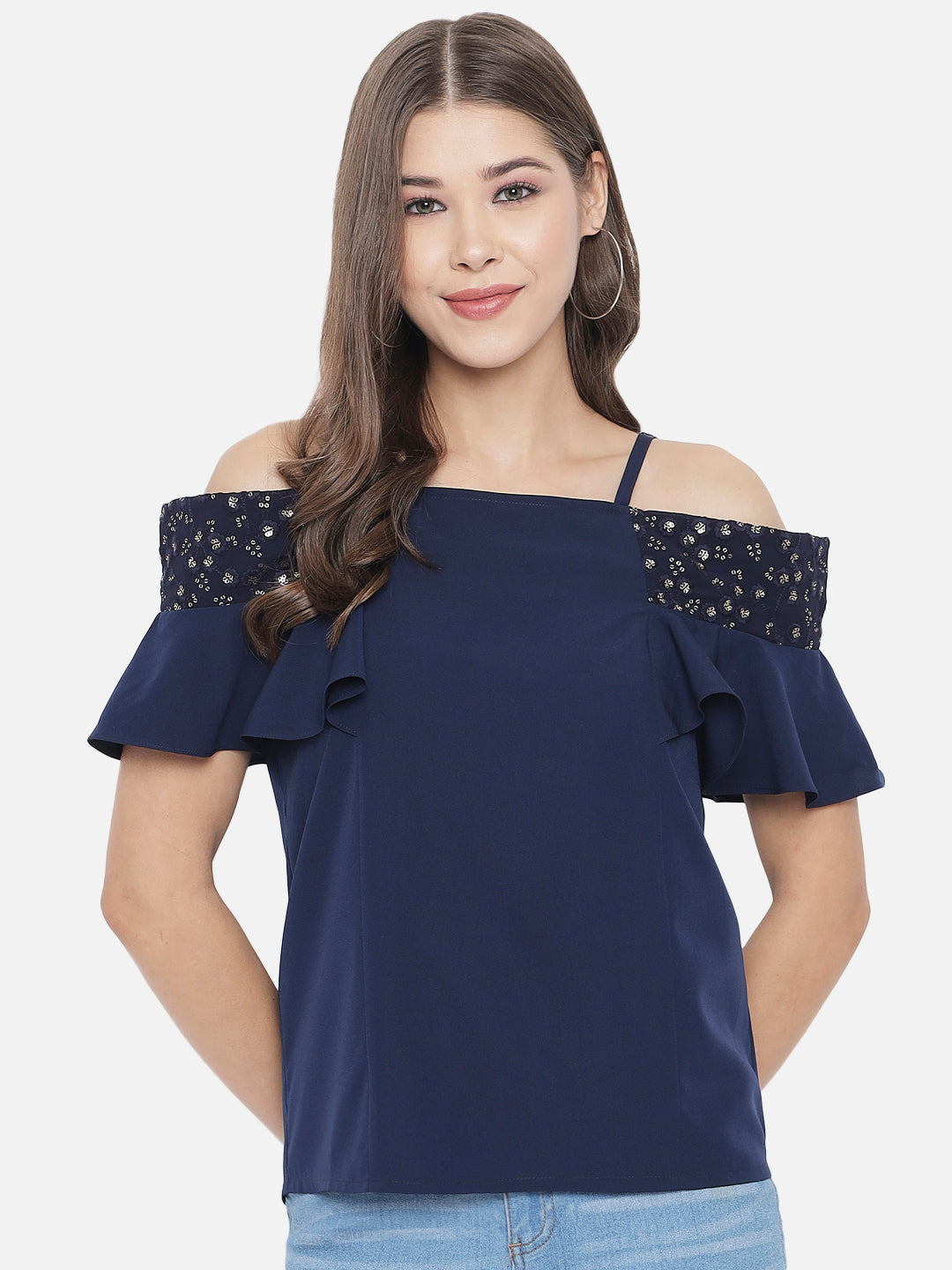 Solid Half Sleeves Cold Shoulder Top for Women