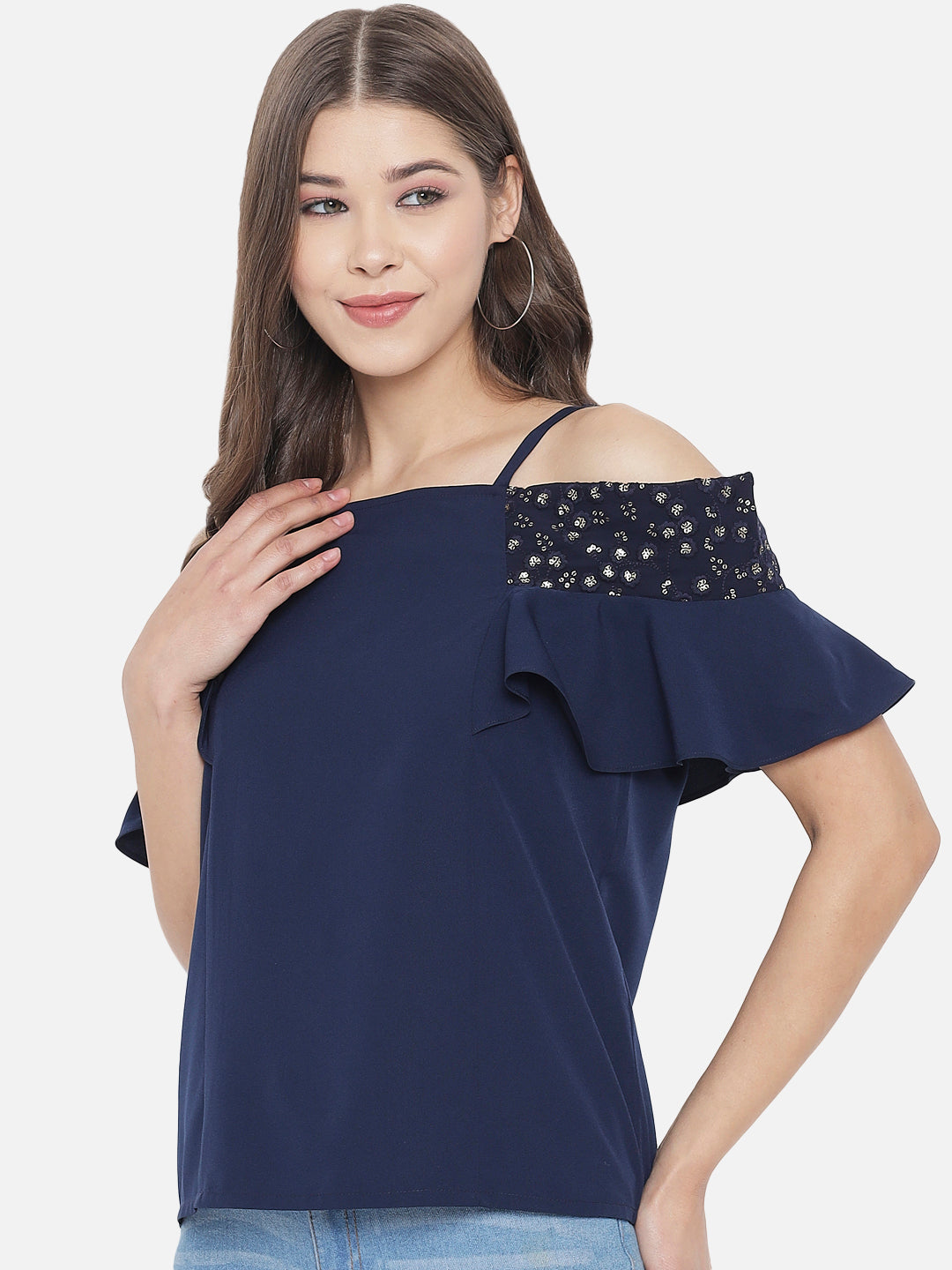 Solid Half Sleeves Cold Shoulder Top for Women