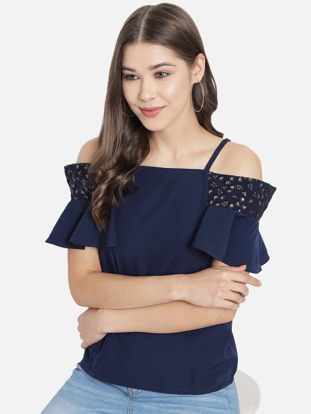 Solid Half Sleeves Cold Shoulder Top for Women