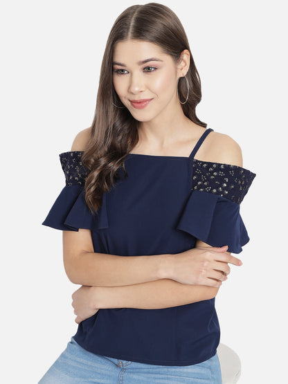 Solid Half Sleeves Cold Shoulder Top for Women