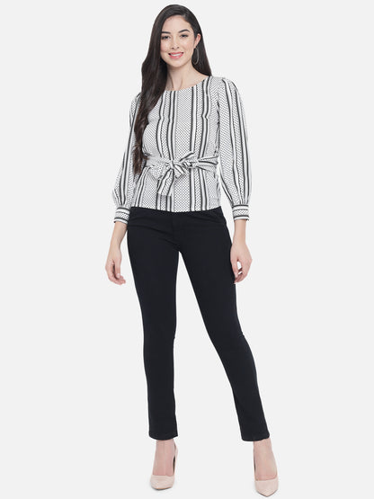 White Polka Dot Round Neck Top for Women