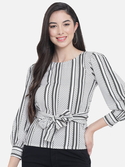 White Polka Dot Round Neck Top for Women