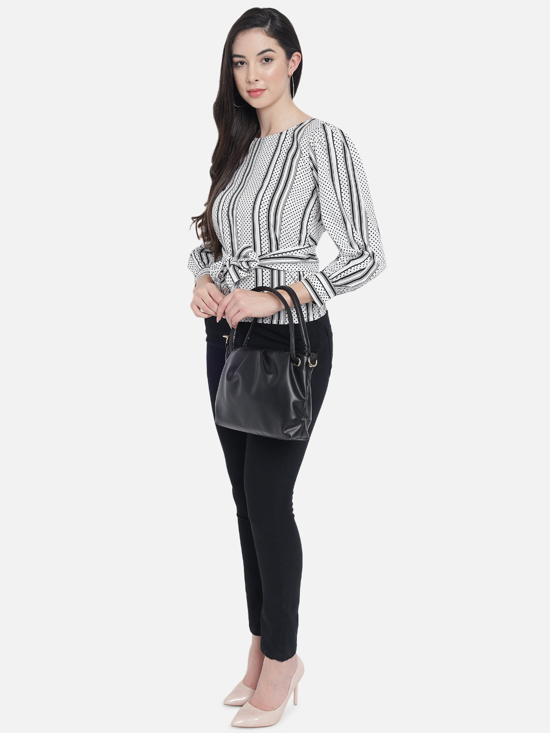 White Polka Dot Round Neck Top for Women