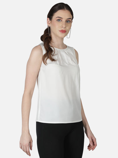 White Solid Sleeveless Top for Women
