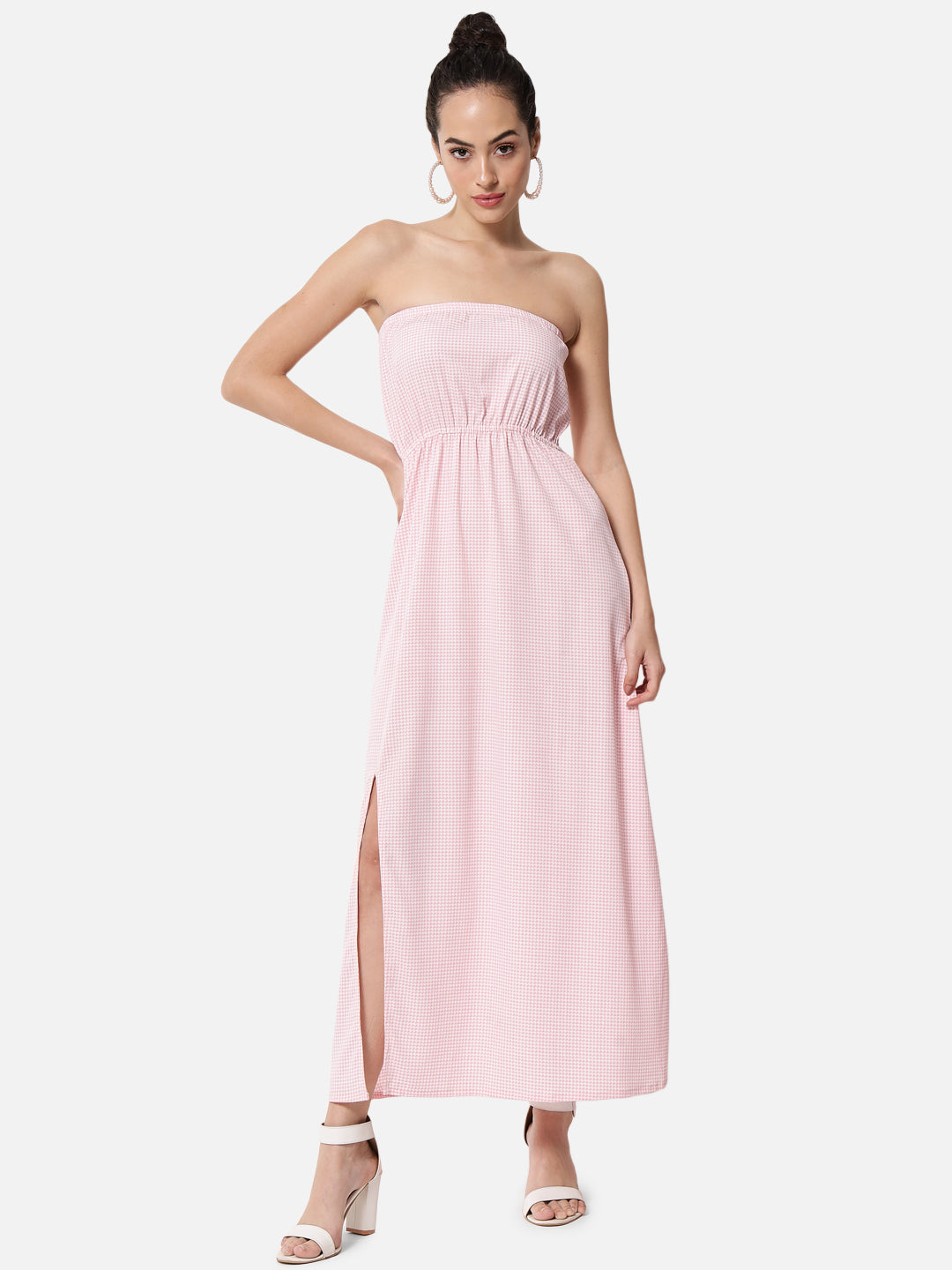 Pink Houndstooth Printed Sleeveless Tube Dress for Women