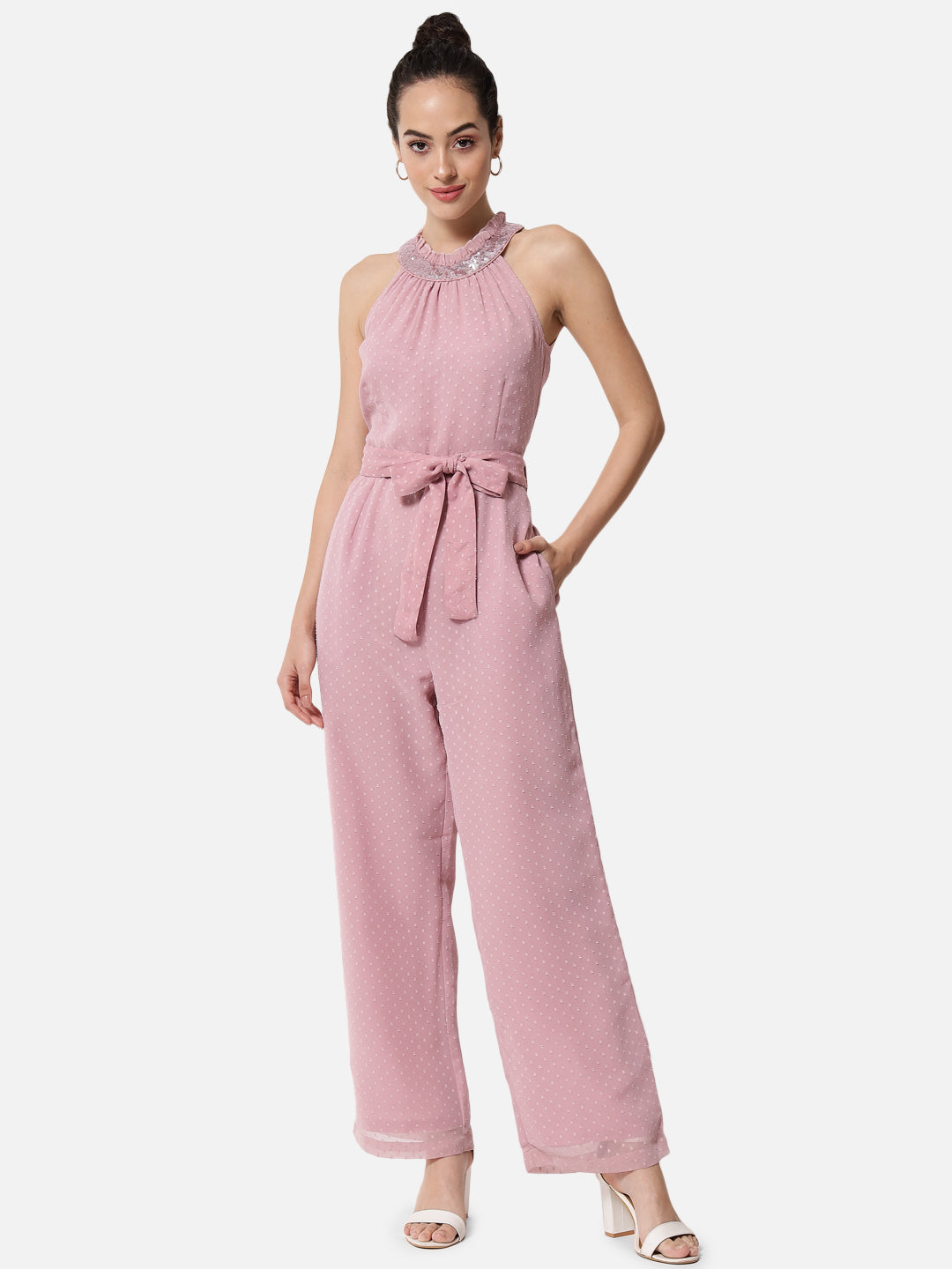 Pink Swiss Dot Sleeveless Jumpsuit for Women