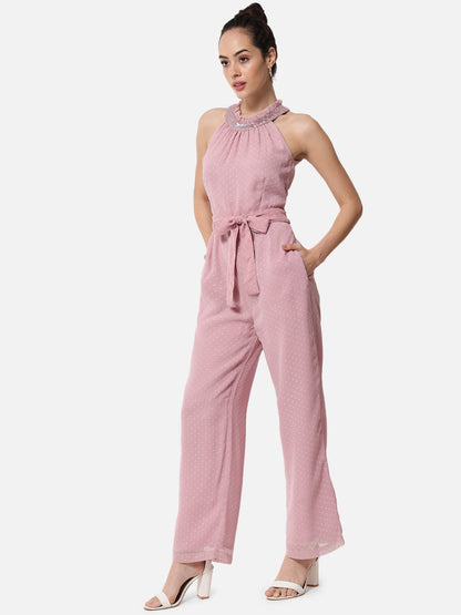 Pink Swiss Dot Sleeveless Jumpsuit for Women