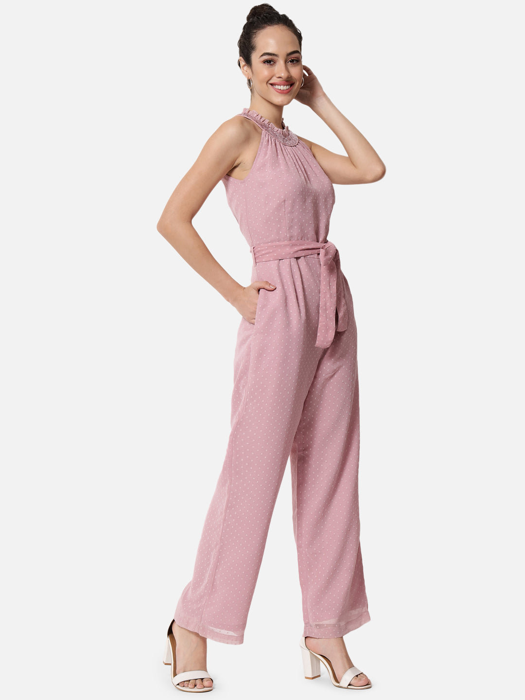 Pink Swiss Dot Sleeveless Jumpsuit for Women