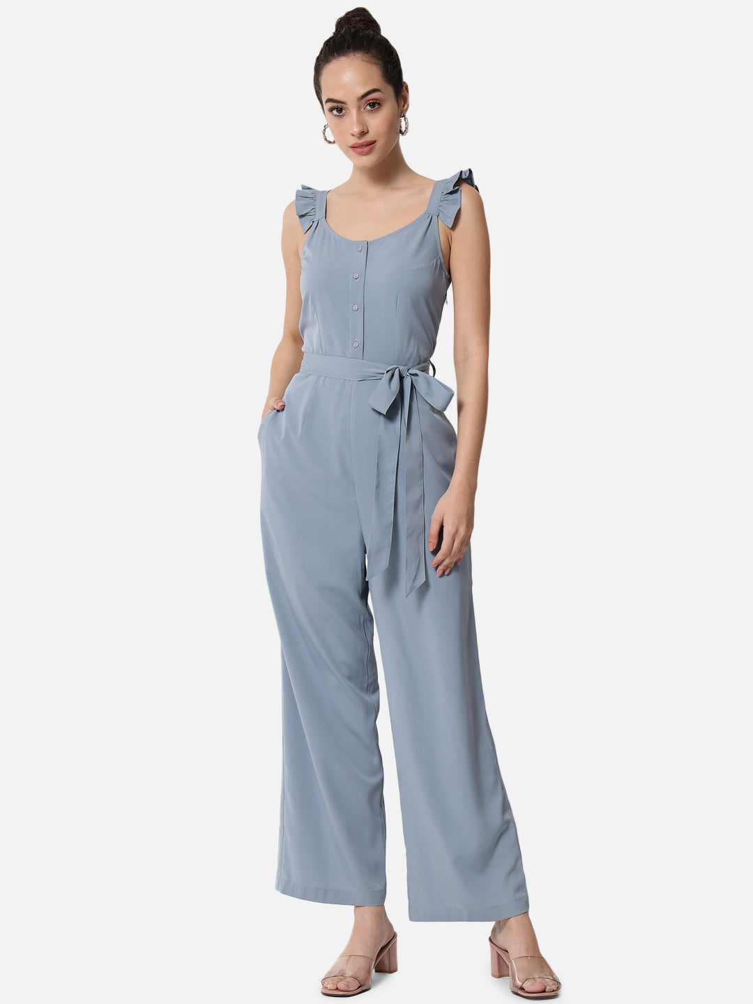 Solid Light Blue Sleeveless Jumpsuit for Women