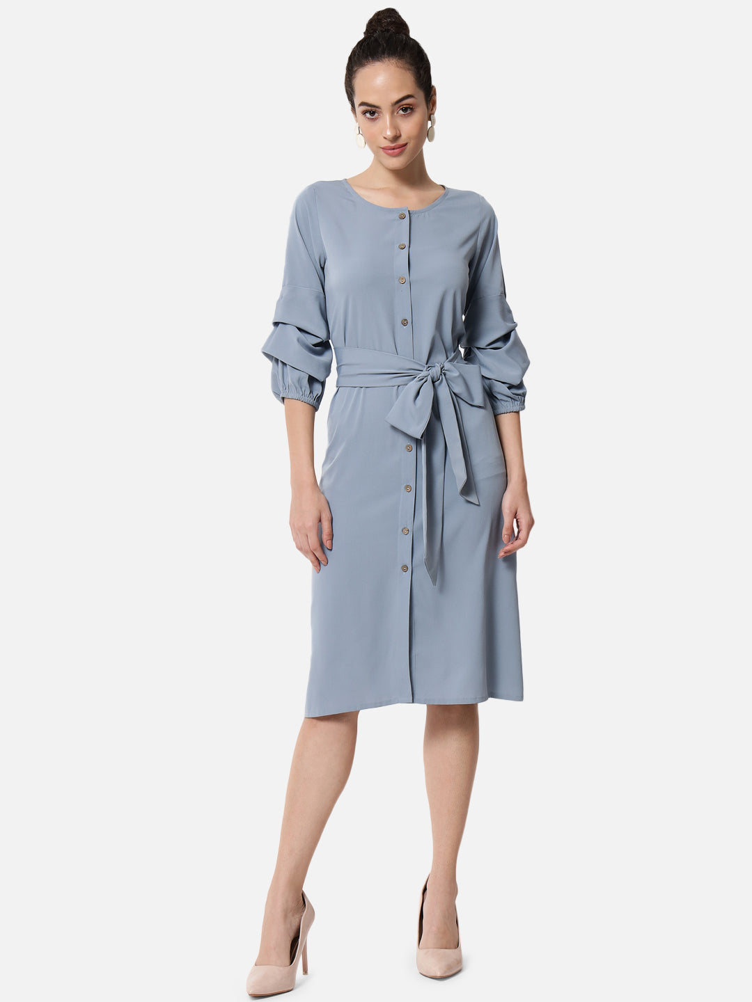 Solid Light Blue Knee Length Dress for Women