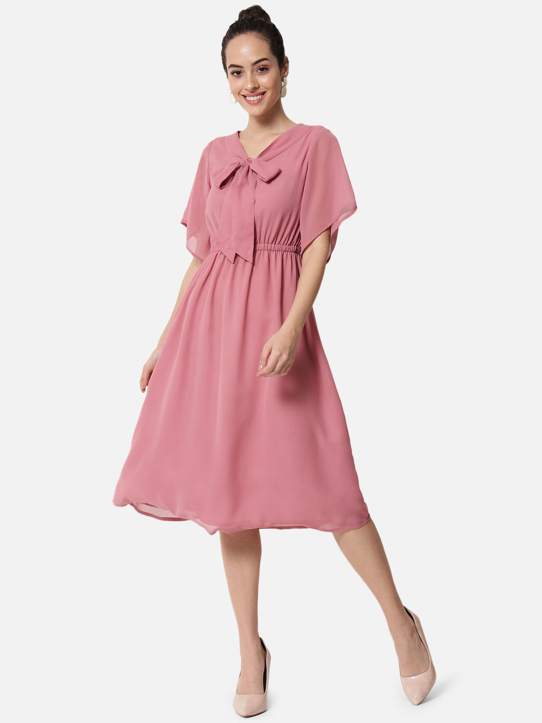 Pink Solid Poly Georgette Dress for Women