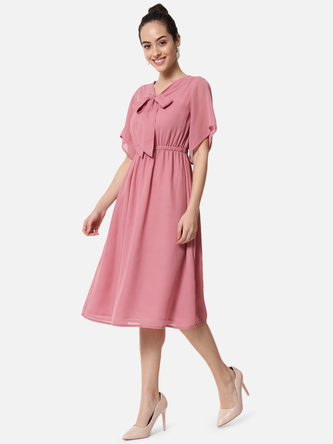 Pink Solid Poly Georgette Dress for Women
