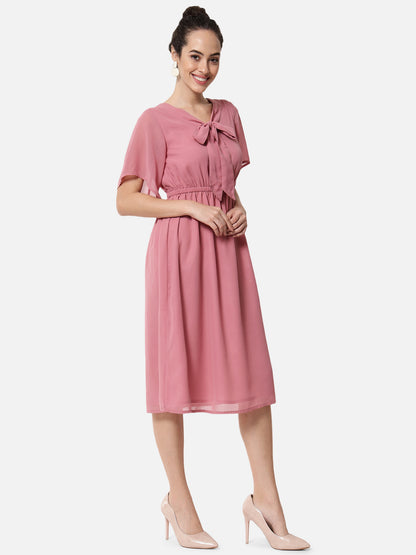 Pink Solid Poly Georgette Dress for Women