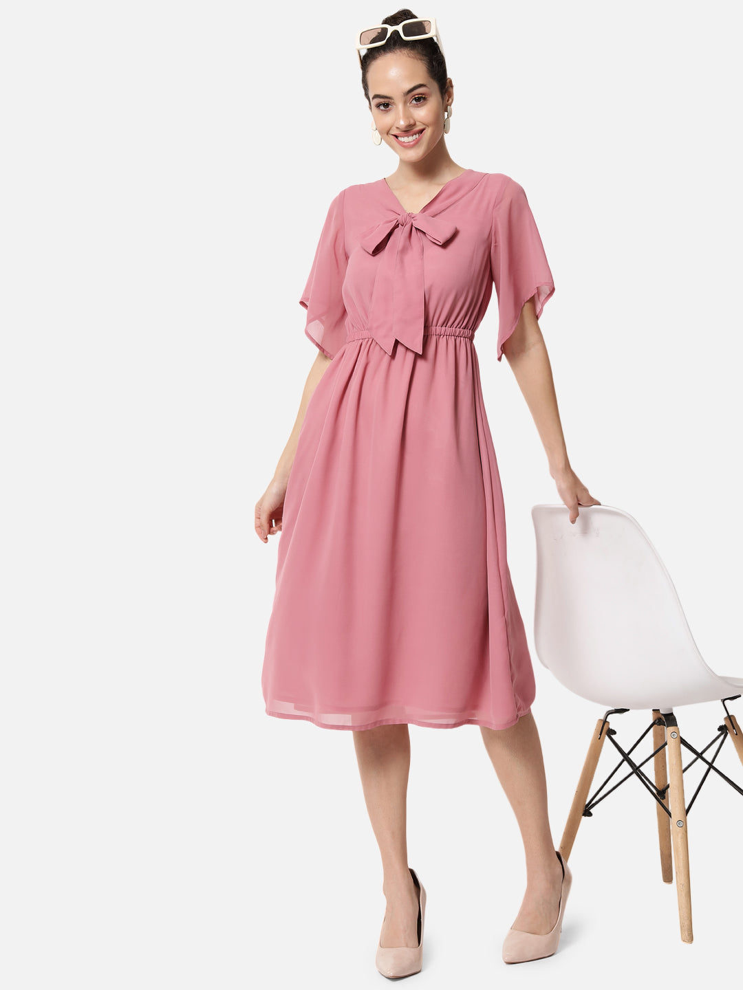 Pink Solid Poly Georgette Dress for Women
