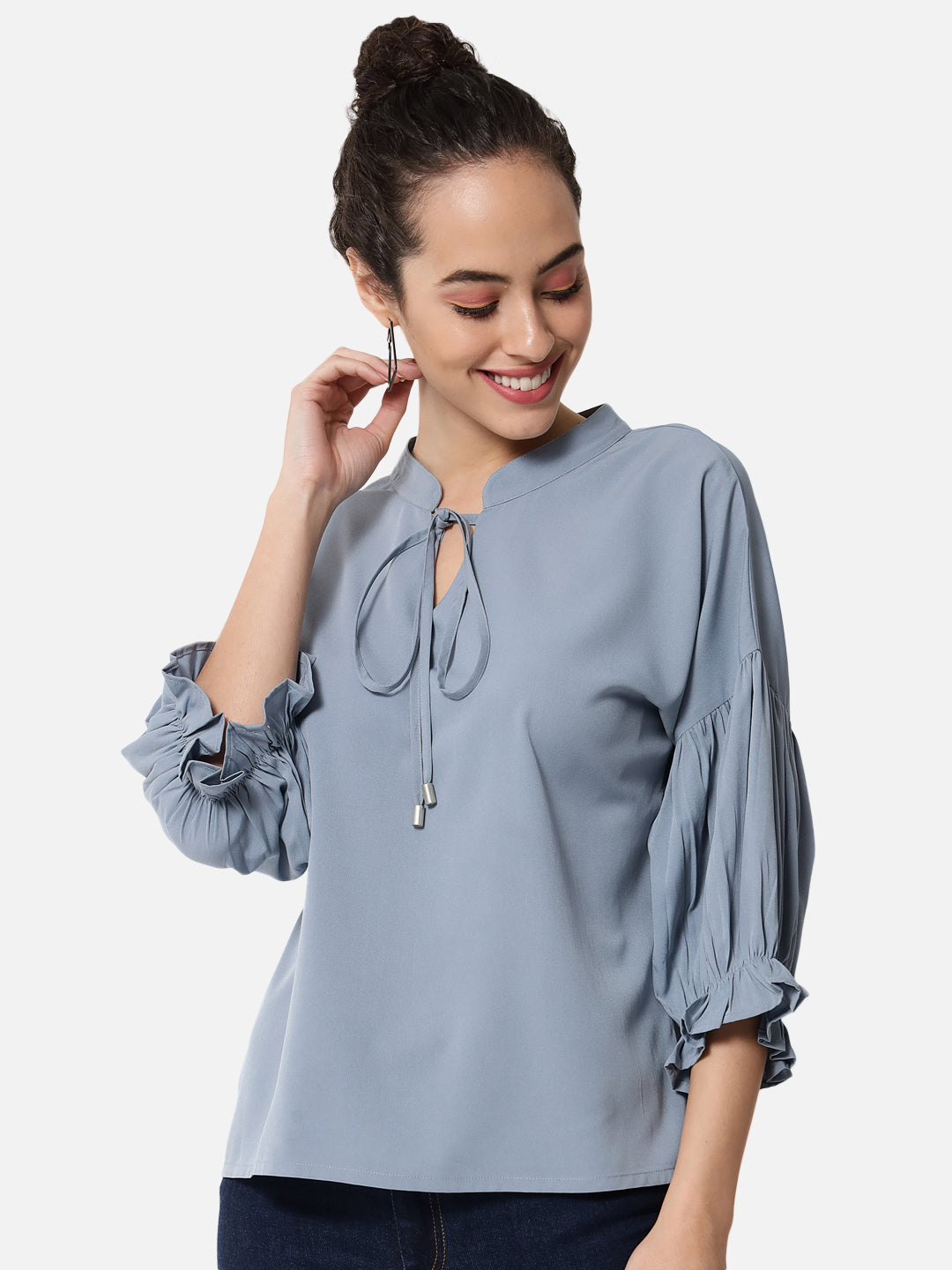 Light Blue Solid Tie-up Neck Top for Women